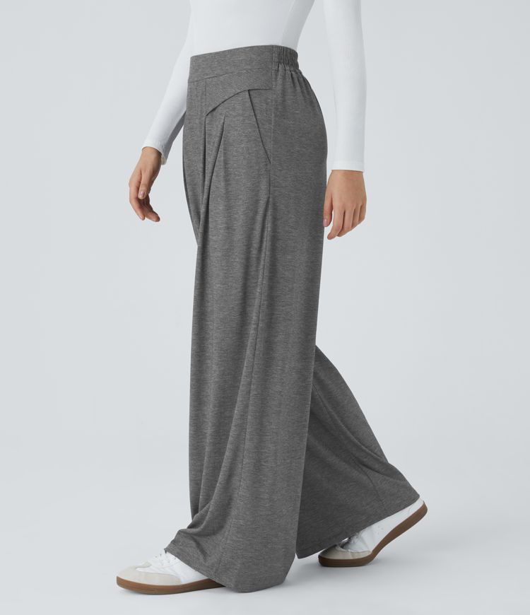 High Waisted Side Pocket Wide Leg Heathered Casual Pants