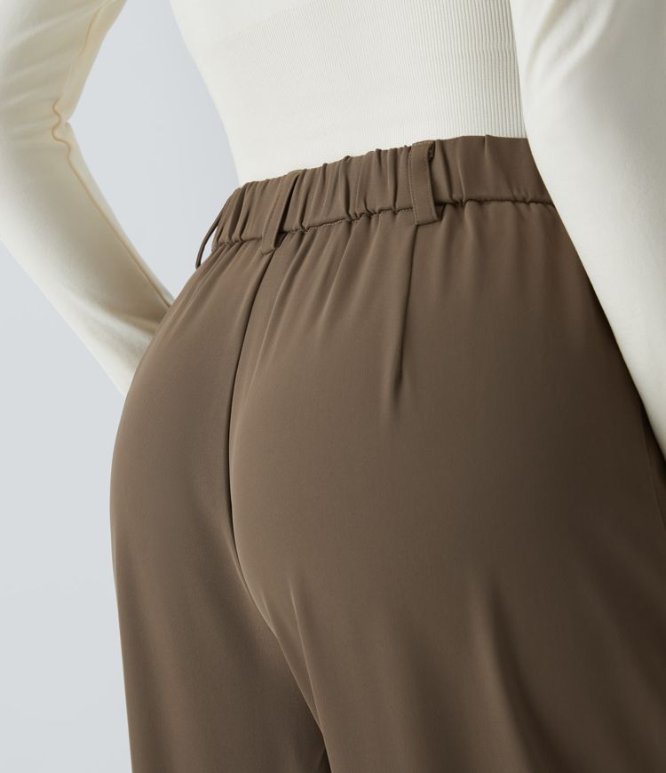 High Waisted Button Zipper Side Pocket Wide Leg Work Trousers