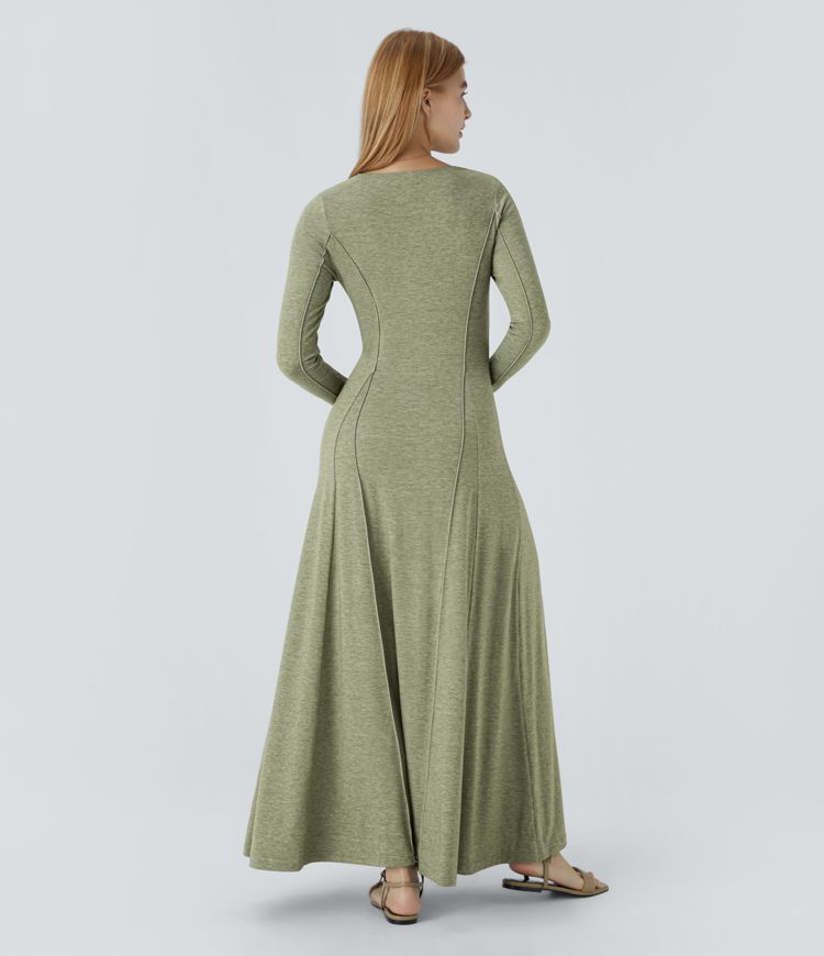 Notch Collar Long Sleeve Flare Maxi Casual Dress