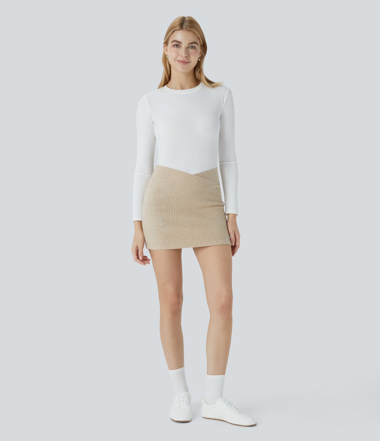 Minifalda ajustada tiro alto canalé cruzado 2 en 1