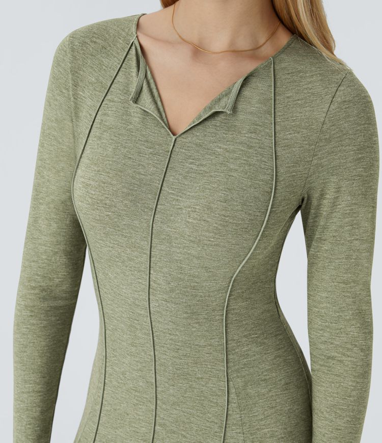 Notch Collar Long Sleeve Flare Maxi Casual Dress