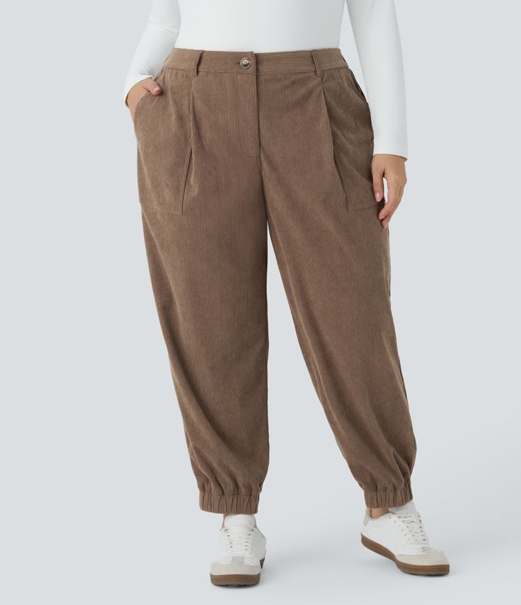 Pantalón chándal pana cremallera botón tiro medio vario bolsillo talla grande