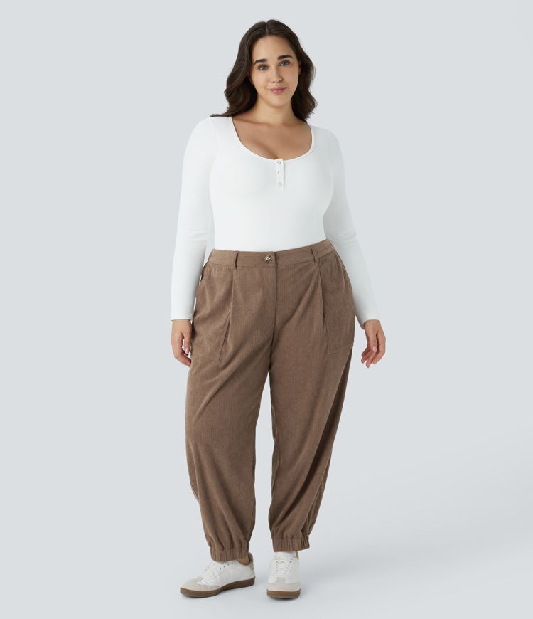 Pantalón chándal pana cremallera botón tiro medio vario bolsillo talla grande