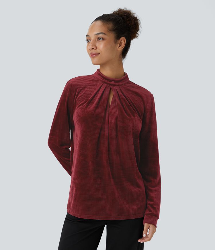 Blusa manga larga botón recortado cuello alto terciopelo acanalado