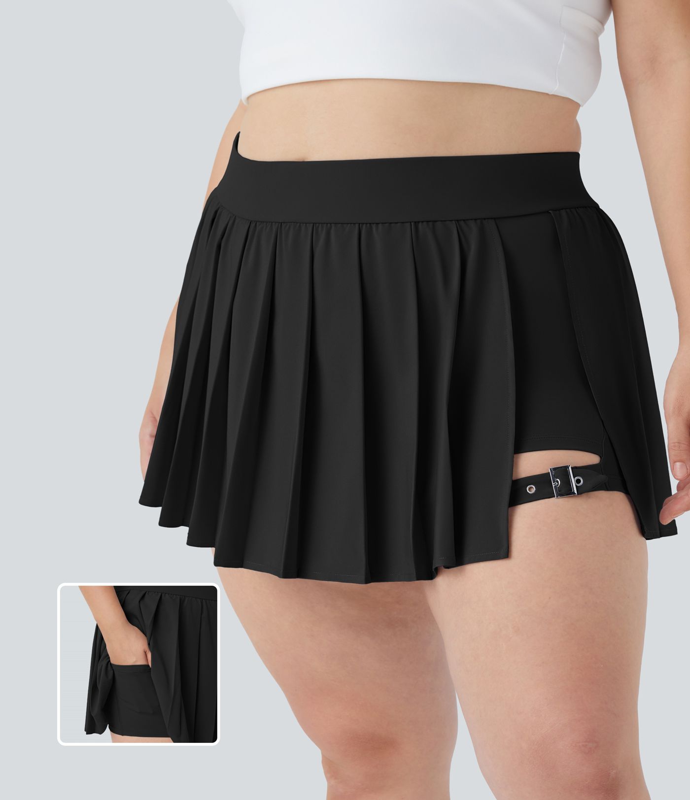 Breezeful™ High Waisted Pleated 2-in-1 Pocket Adjustable Buckle Quick Dry Micro Mini Casual Plus Size Skirt