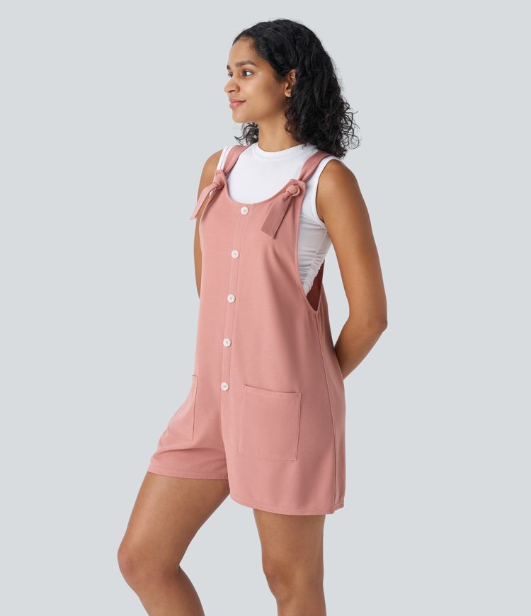 Overol gofre bolsillo delantero botón decorativo correa nudo