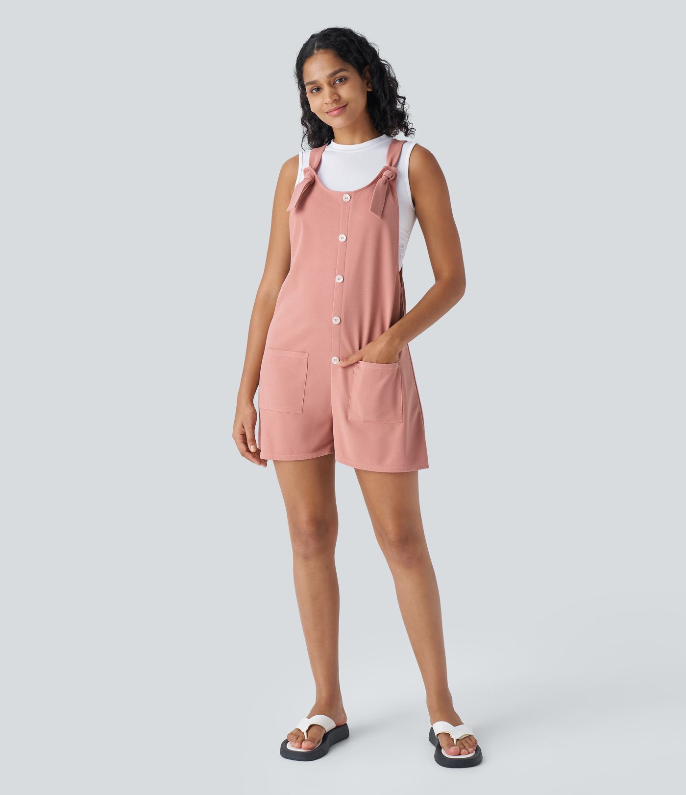 Overol gofre bolsillo delantero botón decorativo correa nudo