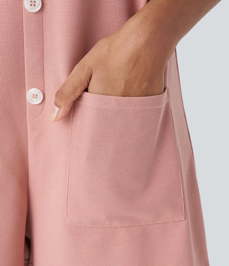 Overol gofre bolsillo delantero botón decorativo correa nudo