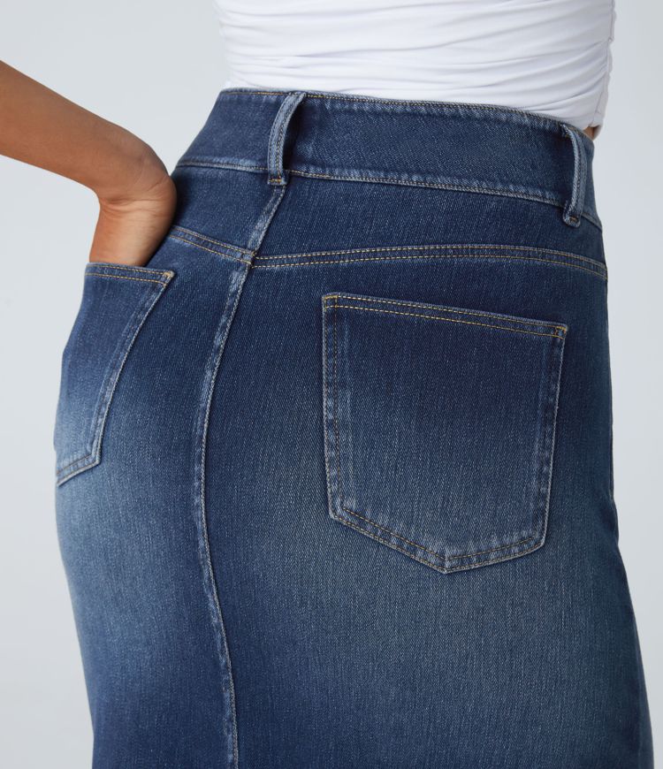 Halara Flex™ High Waisted Pockets Bodycon Washed Denim Casual Midi Skirt