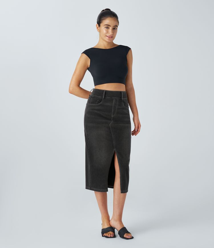 Halara Flex™ High Waisted Pockets Bodycon Washed Denim Casual Midi Skirt