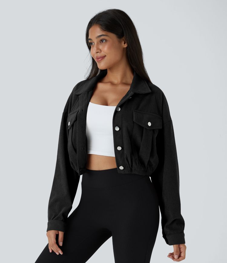 Pocket Cropped Corduroy Casual Jacket