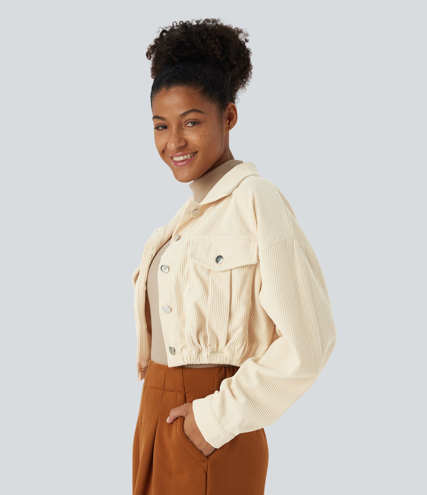 Pocket Cropped Corduroy Casual Jacket
