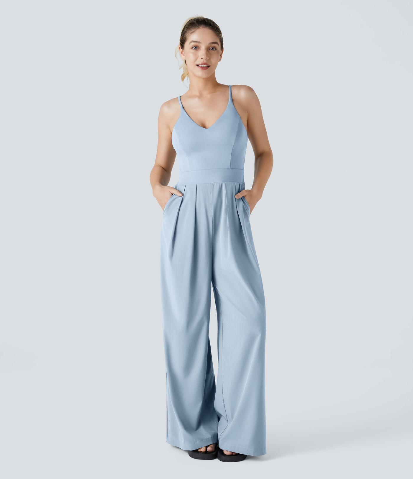 Breezeful™ Backless Side Invisible Zipper Pocket Wide Leg Quick Dry Resort Slip Jumpsuit