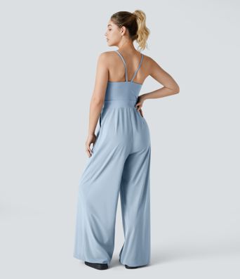 Breezeful™ Backless Side Invisible Zipper Pocket Wide Leg Quick Dry Resort Slip Jumpsuit