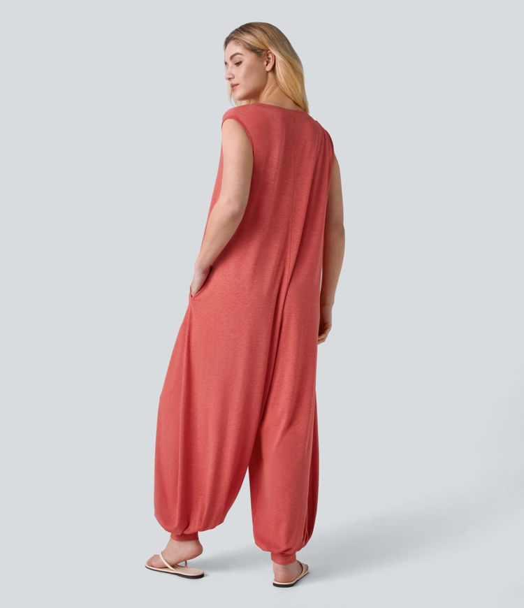 Henley Neck Sleeveless Pocket Relax Harem Jumpsuit
