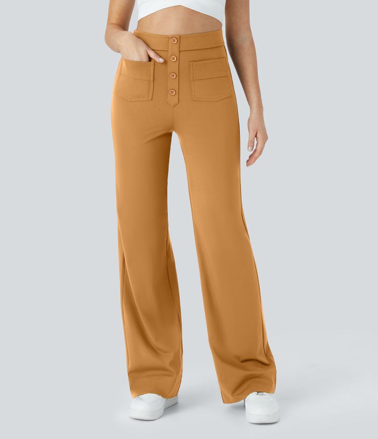 High Waisted Button Multiple Pockets Straight Leg Casual Pants