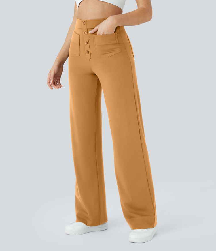 High Waisted Button Multiple Pockets Straight Leg Casual Pants