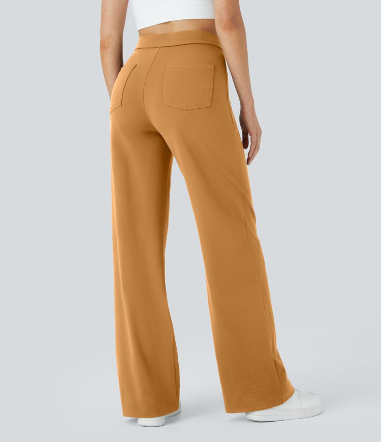 High Waisted Button Multiple Pockets Straight Leg Casual Pants