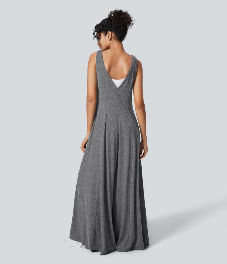 V-neck side pocket drape wide leg relaxed casual jumpsuit