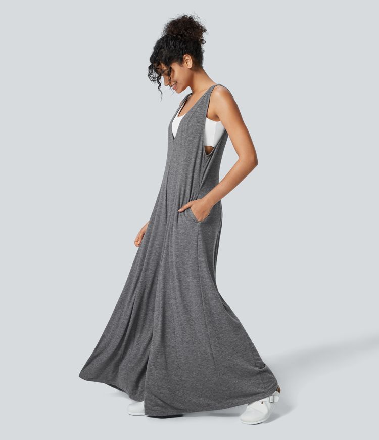 V-neck side pocket drape wide leg relaxed casual jumpsuit
