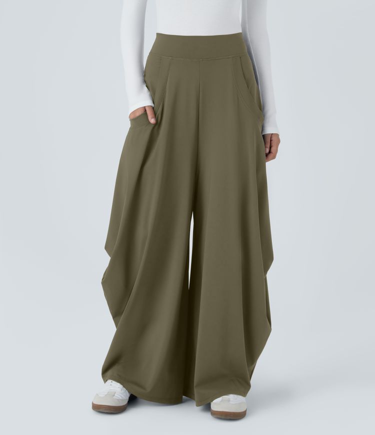 Mid Rise Multiple Pockets Draped Wide Leg Casual Pants