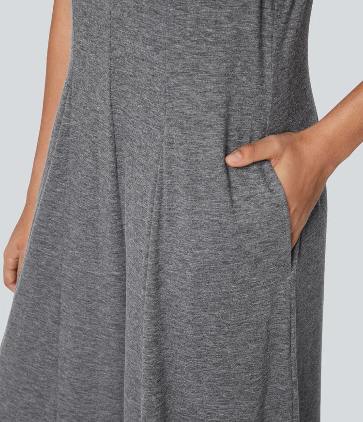 V-neck side pocket drape wide leg relaxed casual jumpsuit