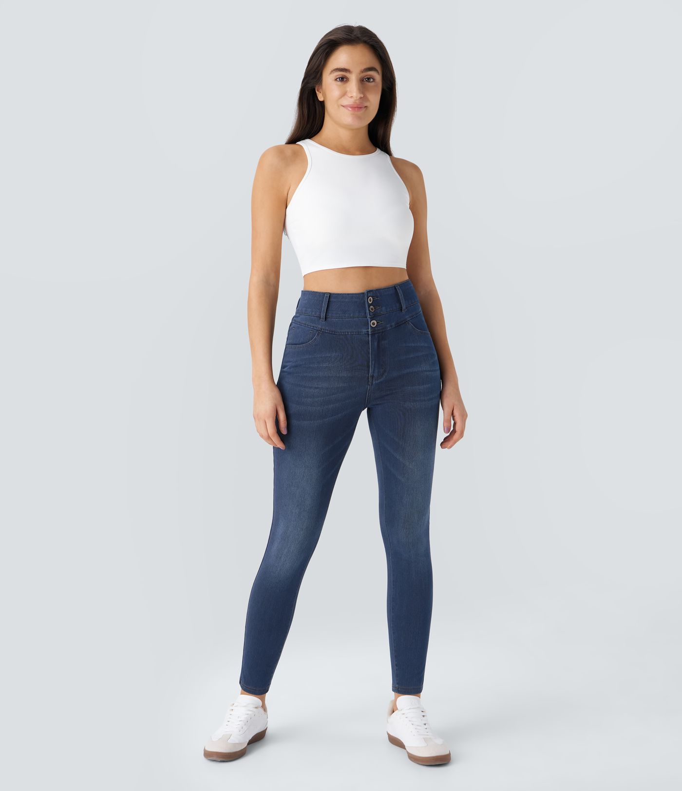 Jeans Halara Flex™ Denim ajustado elástico múltiple bolsillo cremallera botones tiro alto