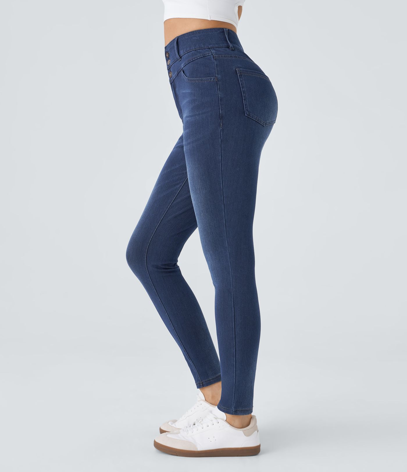 Jeans Halara Flex™ Denim ajustado elástico múltiple bolsillo cremallera botones tiro alto