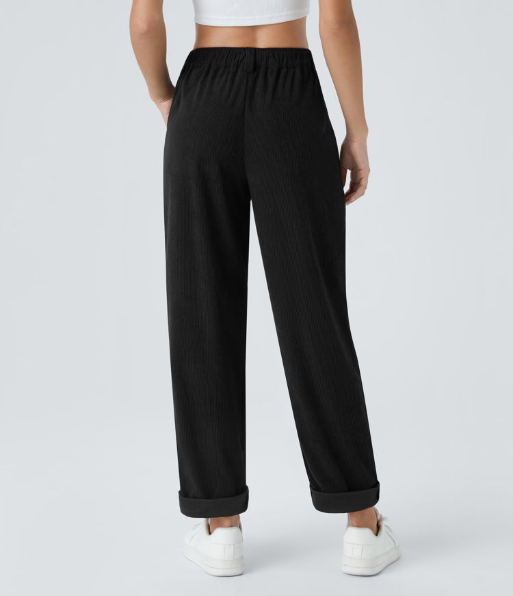 Mid Rise Button Zipper Side Pocket Corduroy Casual Pants