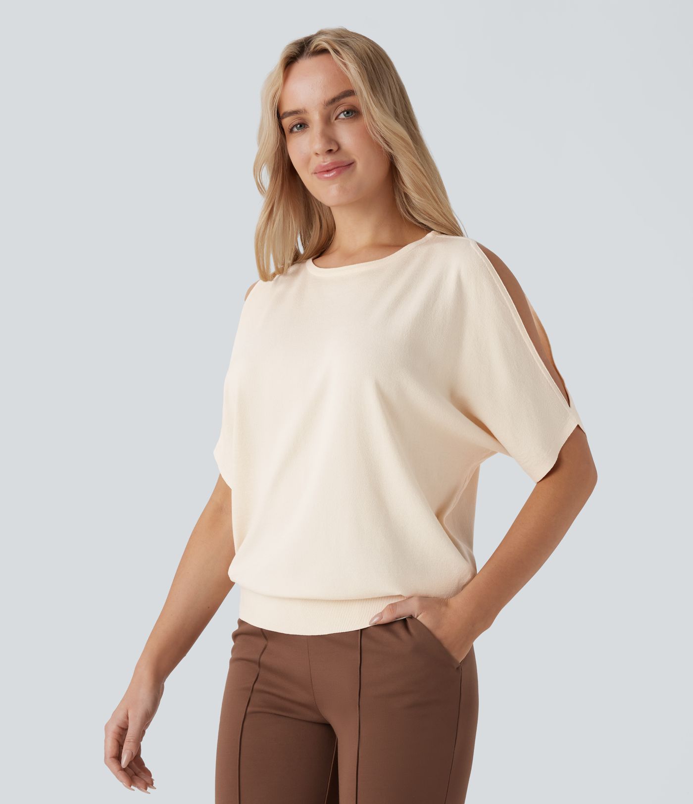 Round Neck Cold Shoulder Short Sleeve Work Sweater