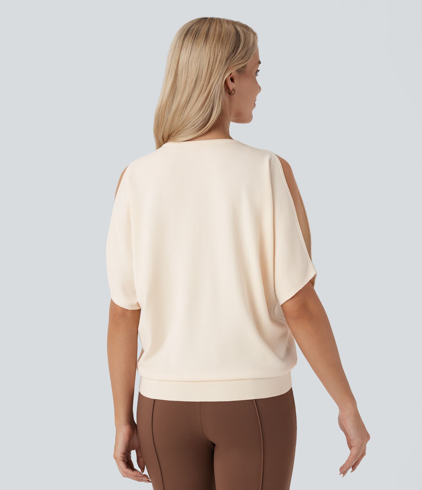 Round Neck Cold Shoulder Short Sleeve Work Sweater