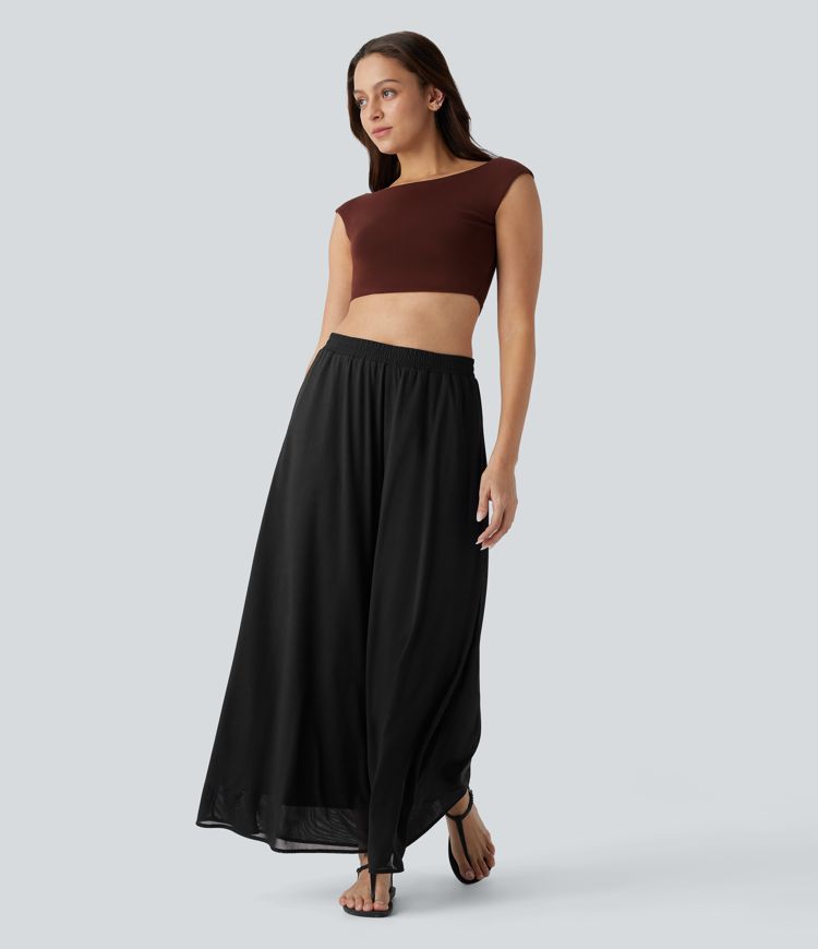 High Waisted Pocket Mesh Overlay Wide Leg Casual Pants