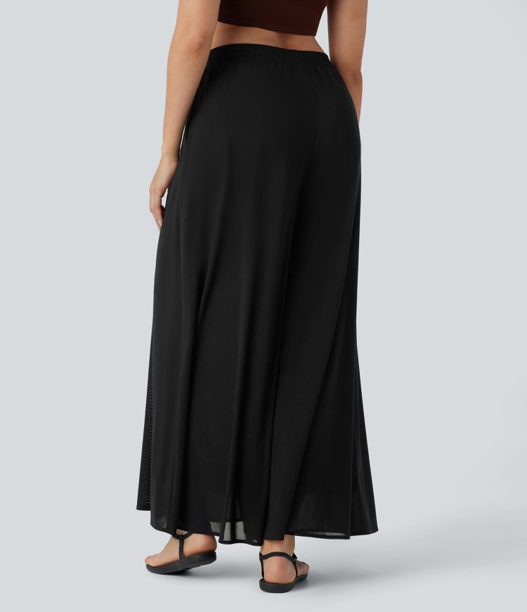 High Waisted Pocket Mesh Overlay Wide Leg Casual Pants