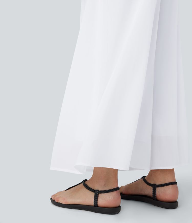 High Waisted Pocket Mesh Overlay Wide Leg Casual Pants