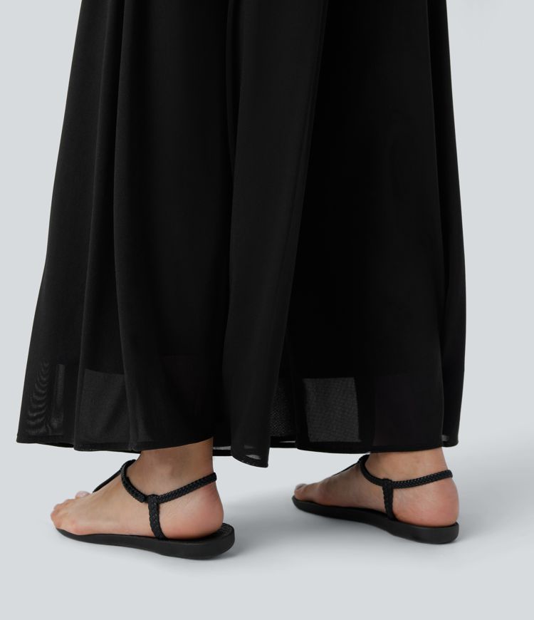 High Waisted Pocket Mesh Overlay Wide Leg Casual Pants
