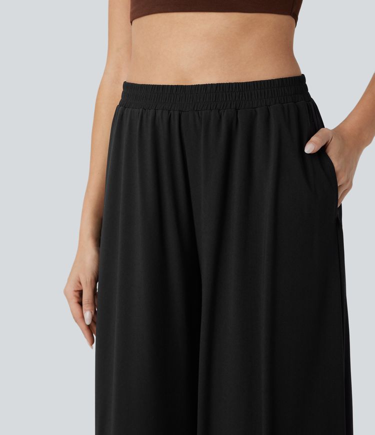 High Waisted Pocket Mesh Overlay Wide Leg Casual Pants