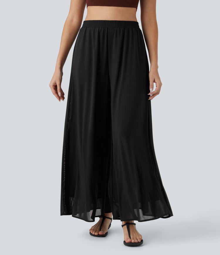 High Waisted Pocket Mesh Overlay Wide Leg Casual Pants