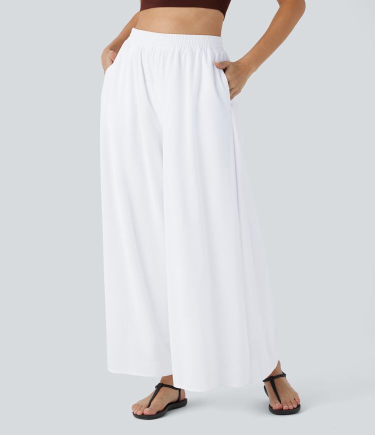 High Waisted Pocket Mesh Overlay Wide Leg Casual Pants