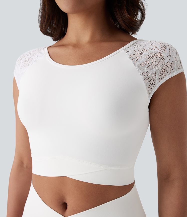 Softlyzero™ Backless Contrast Lace Crossover Hem Cropped Yoga Sports Top-UPF50+