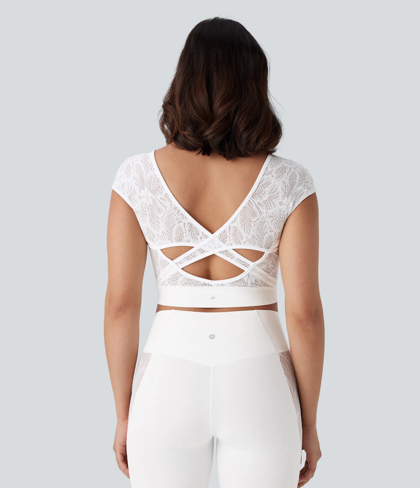 Softlyzero™ Backless Contrast Lace Crossover Hem Cropped Yoga Sports Top-UPF50+