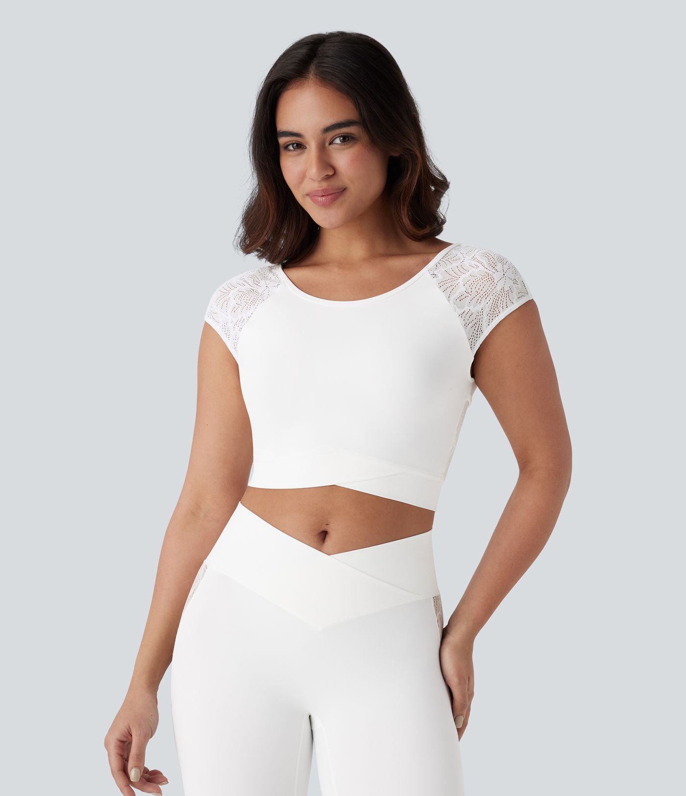 Softlyzero™ Backless Contrast Lace Crossover Hem Cropped Yoga Sports Top-UPF50+