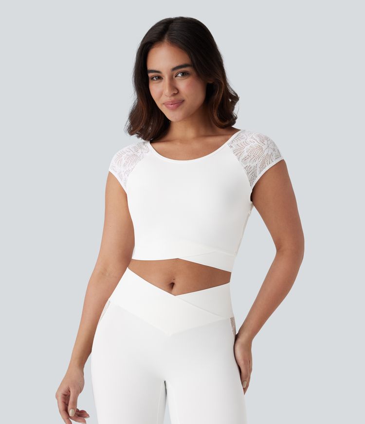 Softlyzero™ Backless Contrast Lace Crossover Hem Cropped Yoga Sports Top-UPF50+