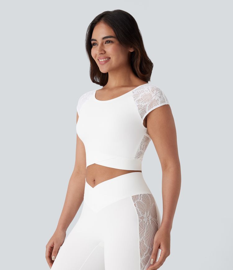 Softlyzero™ Backless Contrast Lace Crossover Hem Cropped Yoga Sports Top-UPF50+