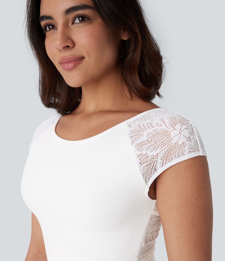 Softlyzero™ Backless Contrast Lace Crossover Hem Cropped Yoga Sports Top-UPF50+