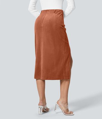 High Waisted Hem Midi Corduroy Casual Skirt