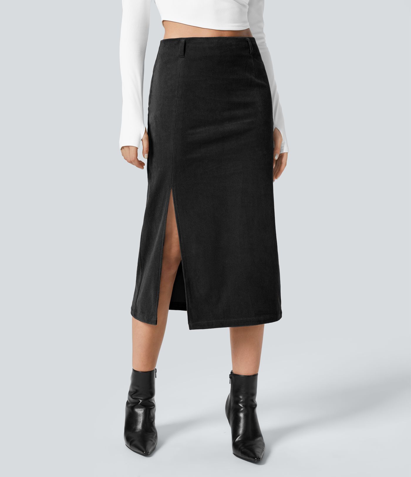 Jupe Casual en Velours Côtelé Mi-longue Taille Haute Fermeture Éclair Invisible et Fente fendue