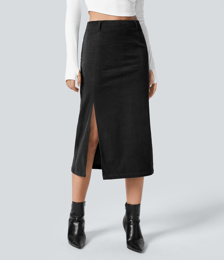 Jupe Casual en Velours Côtelé Mi-longue Taille Haute Fermeture Éclair Invisible et Fente fendue