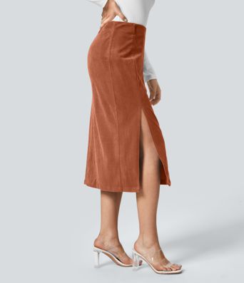 High Waisted Hem Midi Corduroy Casual Skirt