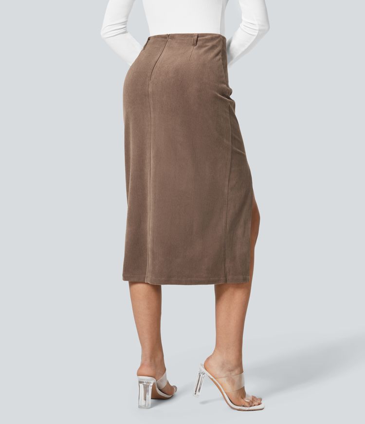 High Waisted Hem Midi Corduroy Casual Skirt