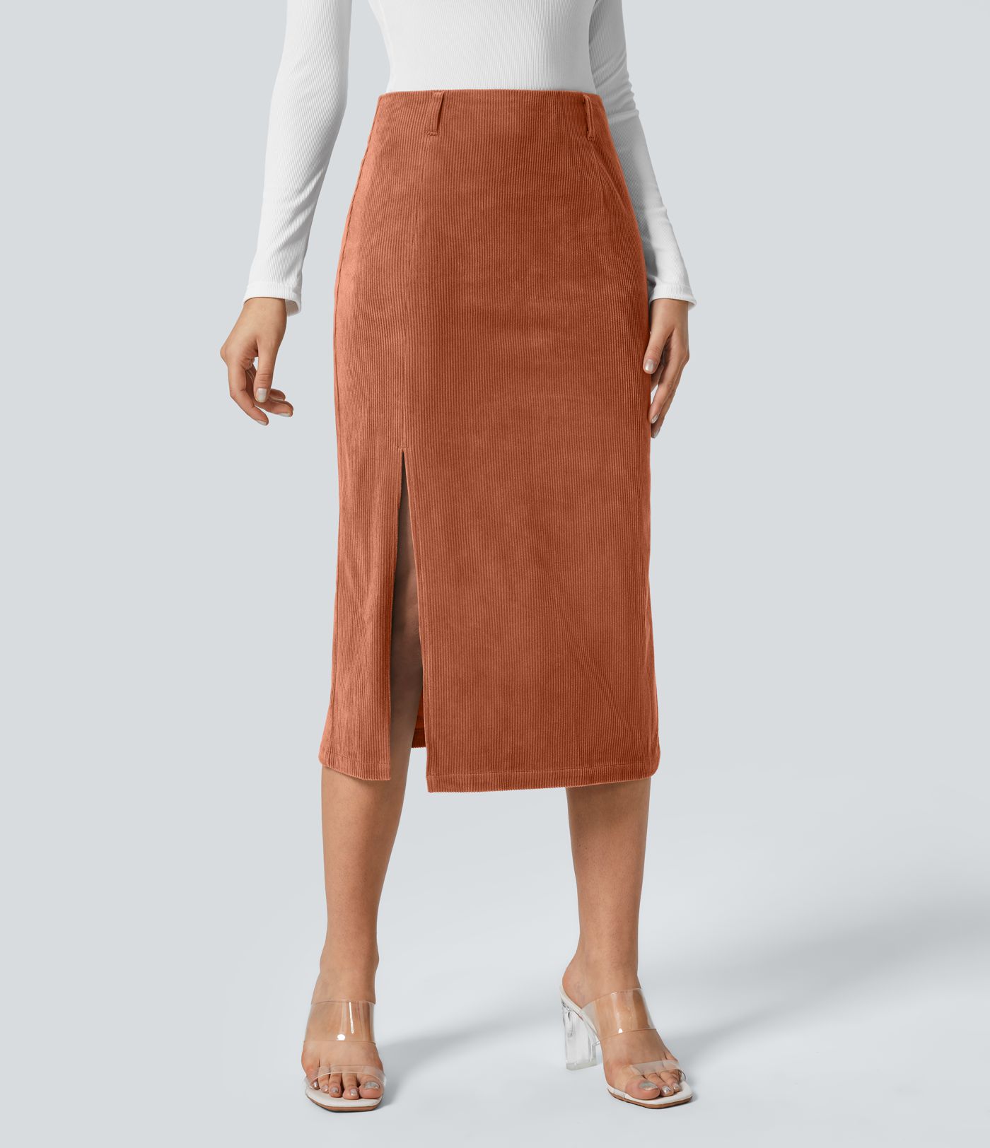 High Waisted Hem Midi Corduroy Casual Skirt